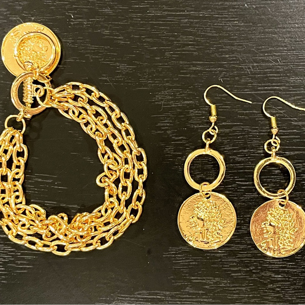 Gold Coin Charm Bracelet and Earring Set